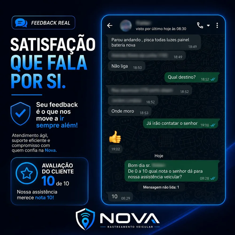Feedback de cliente com avaliação 10 de 10 para a assistência da Nova Rastreamento